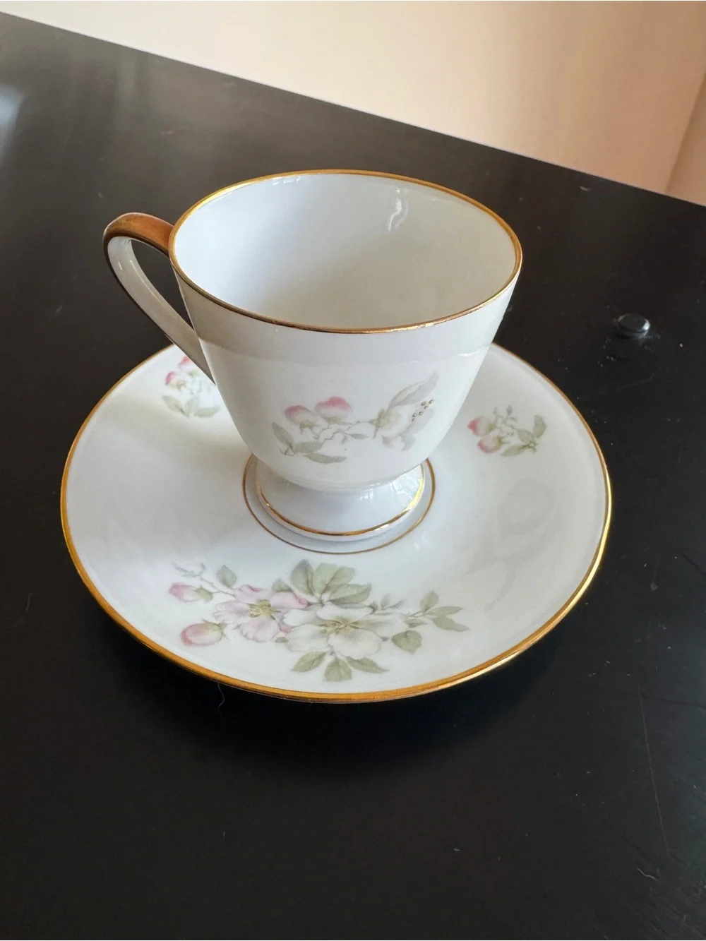 Vintage Tirschenreuth Bavaria Footed Cup & Saucer - Pink & White Apple Blossoms